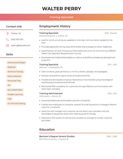 Training Specialist Resume