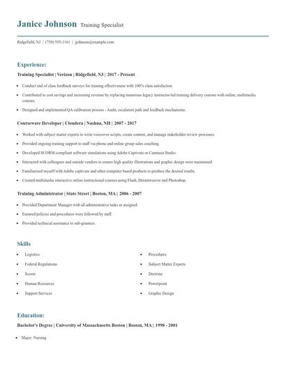 Training Specialist Resume
