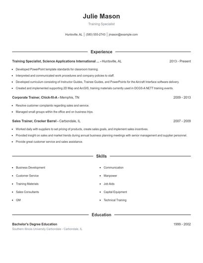 Training Specialist Resume