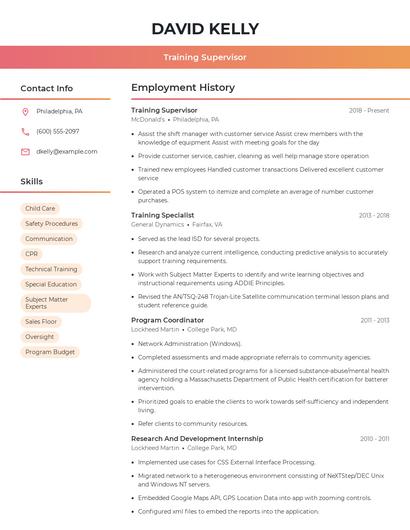 Training Supervisor Resume