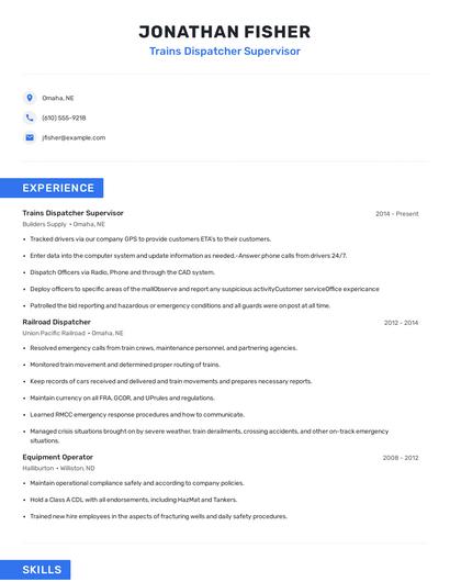 Trains Dispatcher Supervisor Resume