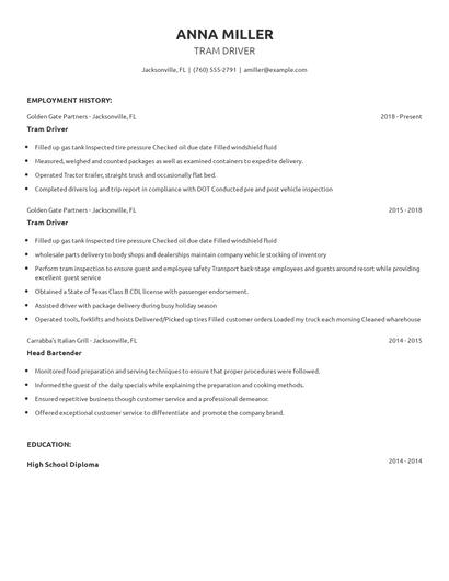Tram Driver Resume