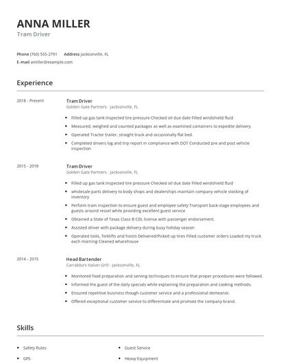 Tram Driver Resume