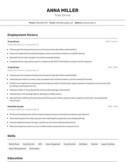 Tram Driver Resume