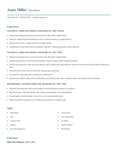 Tram Driver Resume