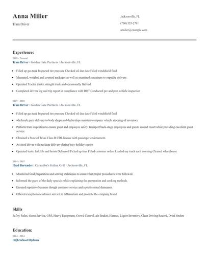 Tram Driver Resume