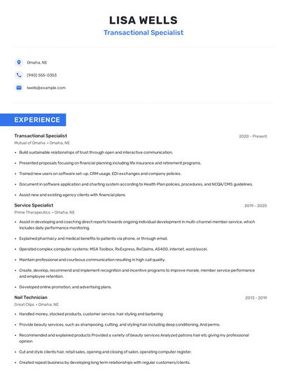 Transactional Specialist Resume