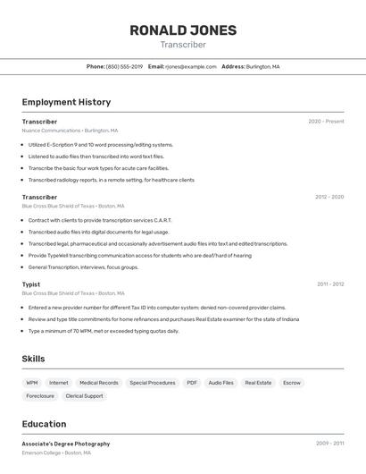 Transcriber Resume