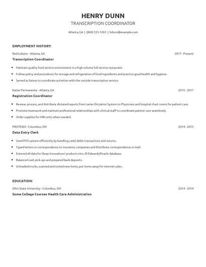 Transcription Coordinator Resume