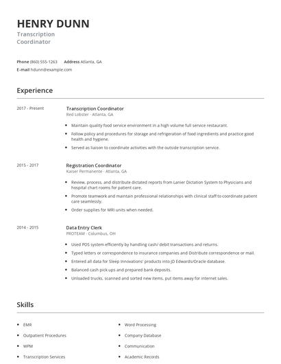 Transcription Coordinator Resume
