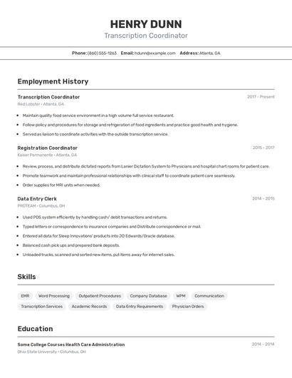 Transcription Coordinator Resume