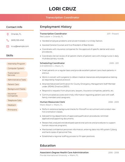 Transcription Coordinator Resume
