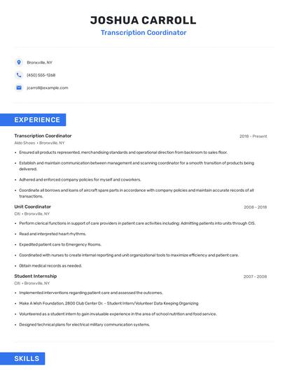 Transcription Coordinator Resume