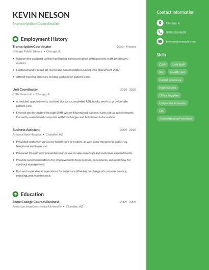 Transcription Coordinator Resume