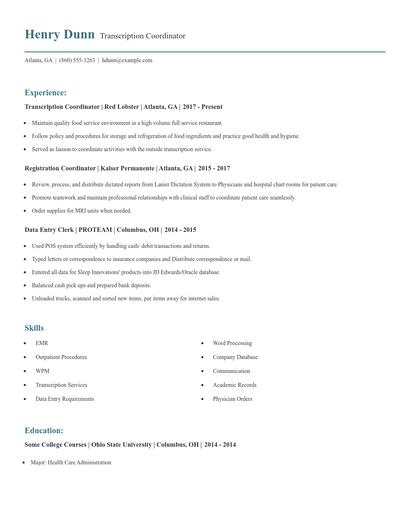 Transcription Coordinator Resume