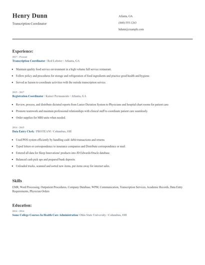 Transcription Coordinator Resume