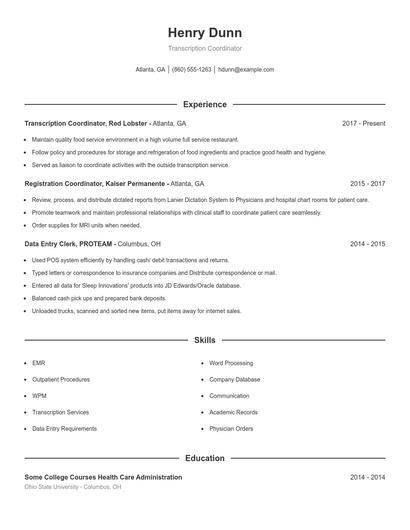 Transcription Coordinator Resume