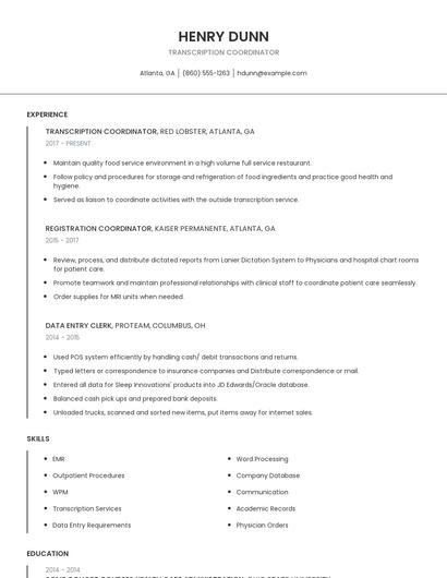 Transcription Coordinator Resume