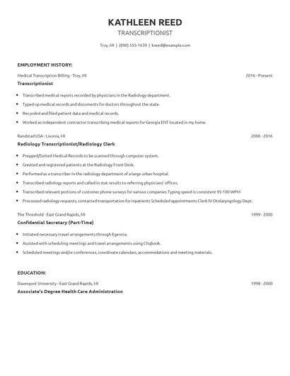 Transcriptionist Resume