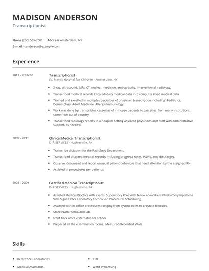 Transcriptionist Resume
