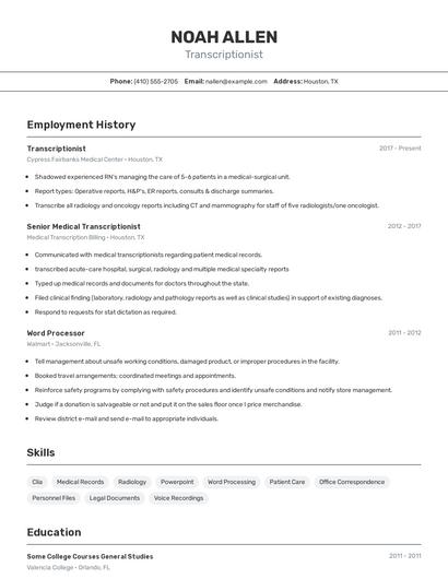 Transcriptionist Resume