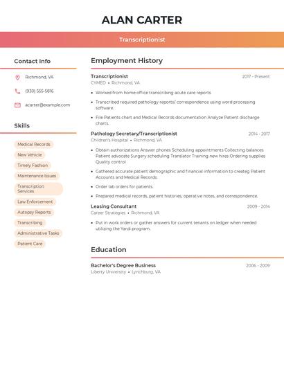 Transcriptionist Resume