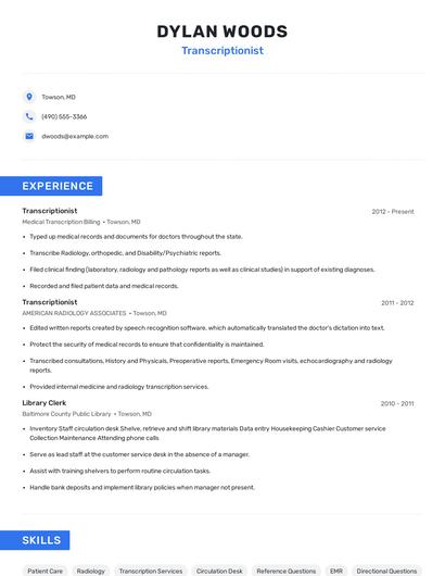 Transcriptionist Resume