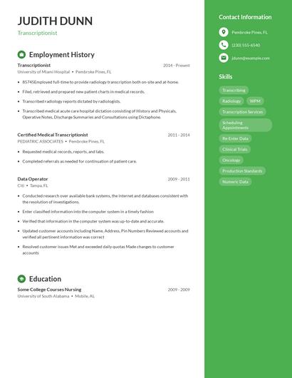 Transcriptionist Resume
