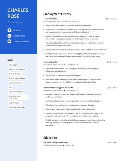 Transcriptionist Resume