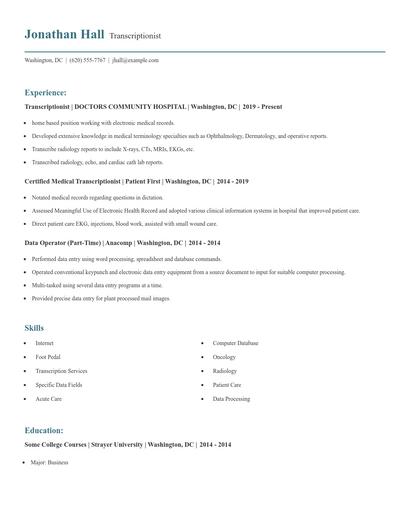 Transcriptionist Resume