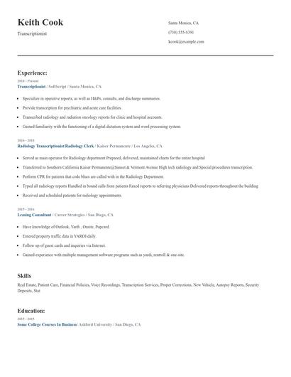 Transcriptionist Resume
