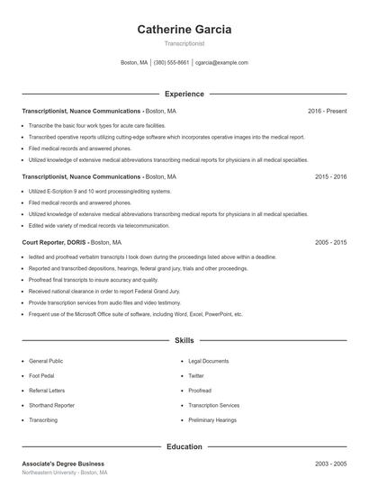 Transcriptionist Resume