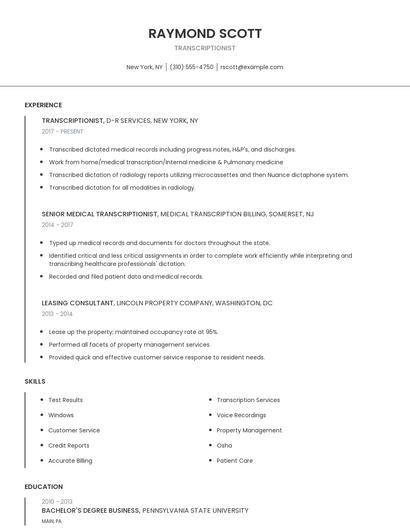 Transcriptionist Resume