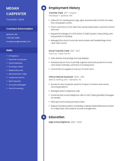 Transfer Clerk Resume