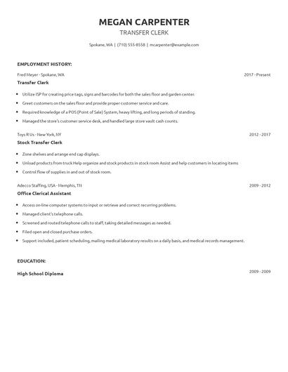 Transfer Clerk Resume