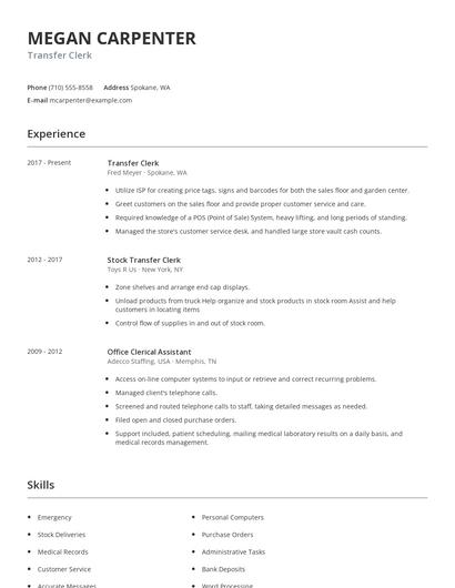 Transfer Clerk Resume