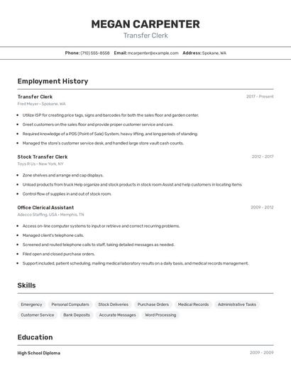 Transfer Clerk Resume