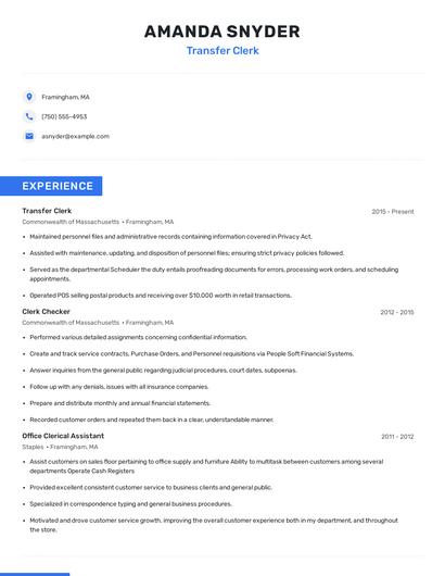 Transfer Clerk Resume