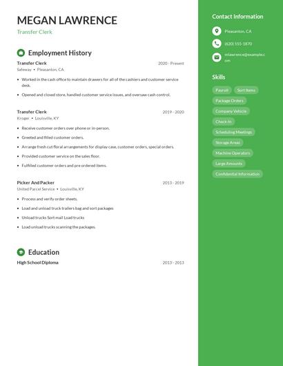 Transfer Clerk Resume