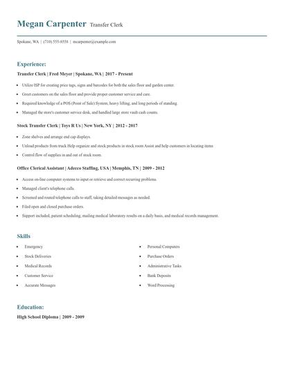 Transfer Clerk Resume