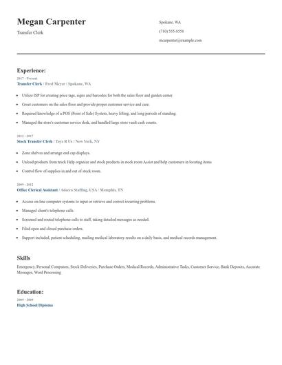 Transfer Clerk Resume