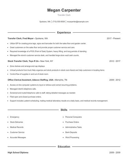 Transfer Clerk Resume