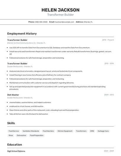 Transformer Builder Resume
