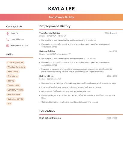 Transformer Builder Resume