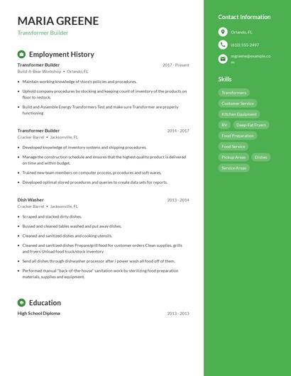Transformer Builder Resume