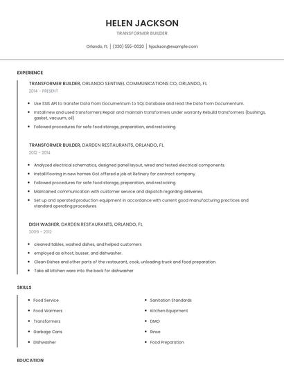 Transformer Builder Resume
