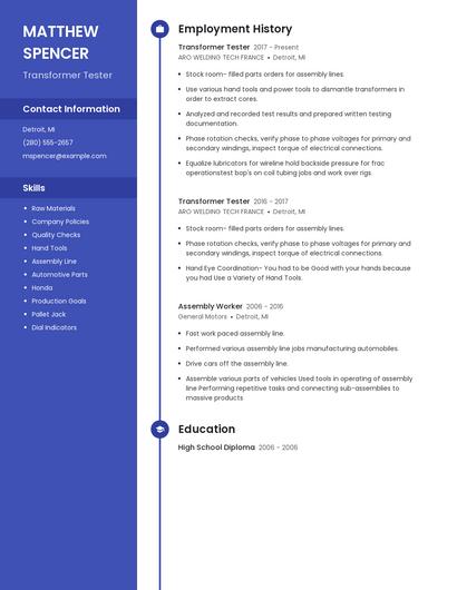 Transformer Tester Resume