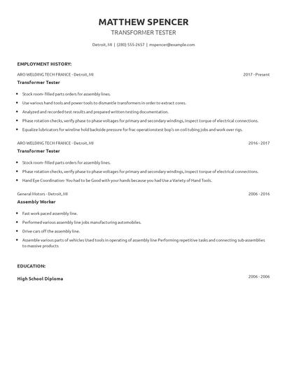 Transformer Tester Resume