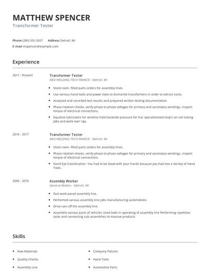 Transformer Tester Resume