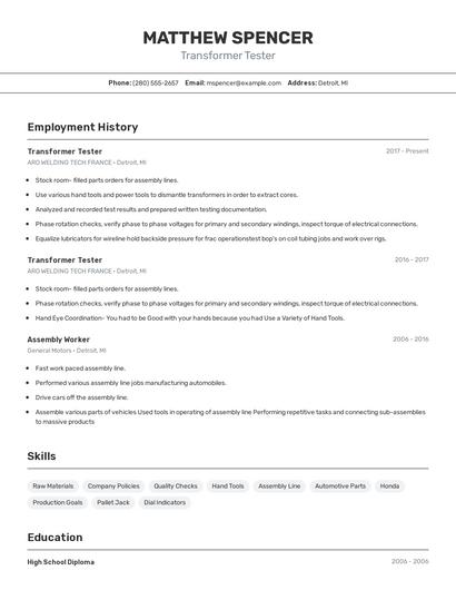 Transformer Tester Resume